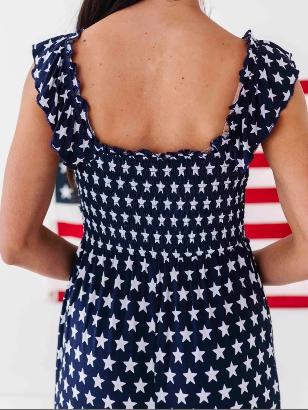 Navy Star-Print Maxi Dress with Ruffled Straps - Picture 3 of 6
